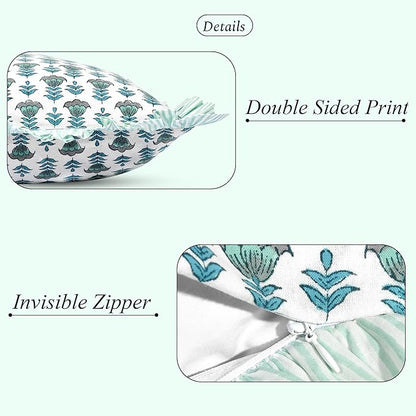 Ridhi Aquamarine Blue 100% Cotton Block Print Ruffle Lumbar Sham Cover Handmade - Image 3