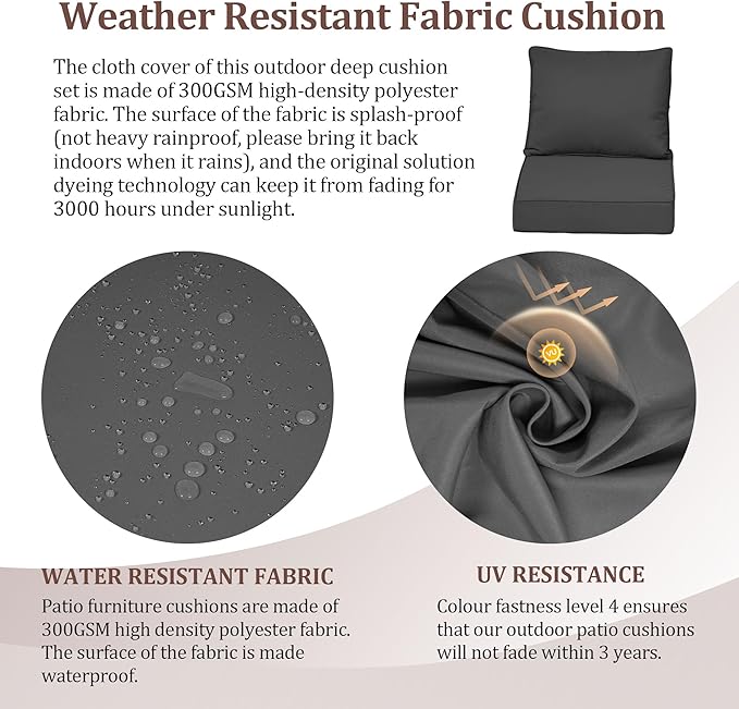 Outdoor Deep Seat Cushions for Patio Furniture Set of 2, Waterproof Outdoor - Image 3