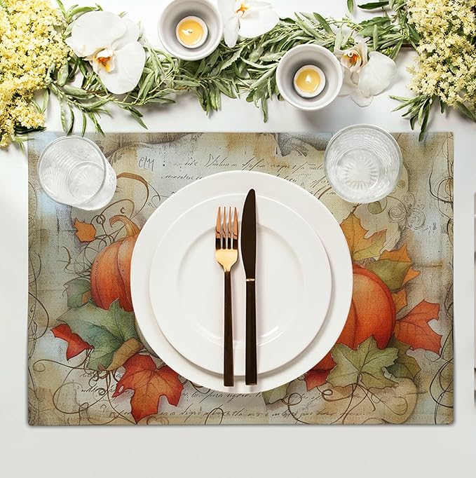 Fall Pumpkin Maple Leaf Placemats Set of 4, 12x18 Inch Vintage Autumn Harvest - Image 3