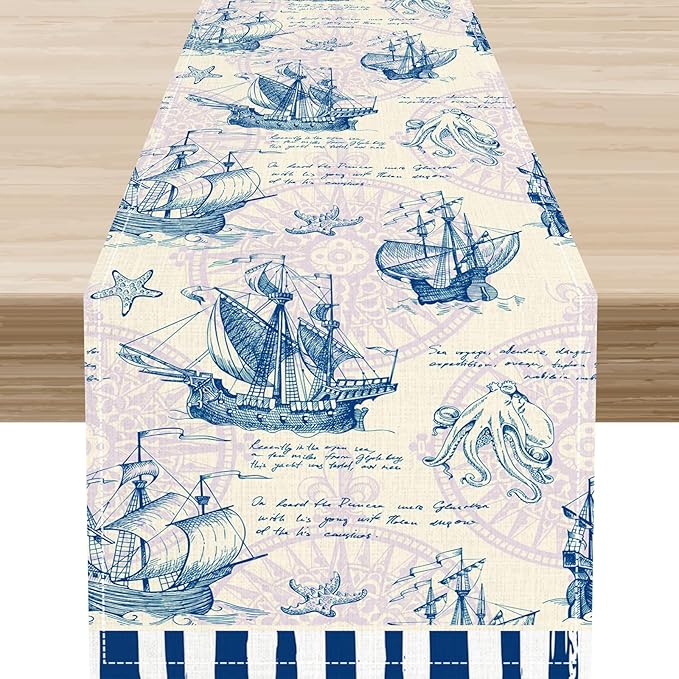 Nautical Table Runner, Retro Coastal Sailing Ship Compass Starfish Octopus by Unknown