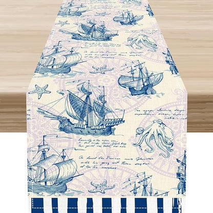 Nautical Table Runner, Retro Coastal Sailing Ship Compass Starfish Octopus by Unknown