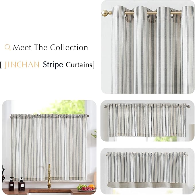 jinchan Striped Kitchen Curtain Linen Farmhouse Cafe Curtain 36 Inch Tiers - Image 8