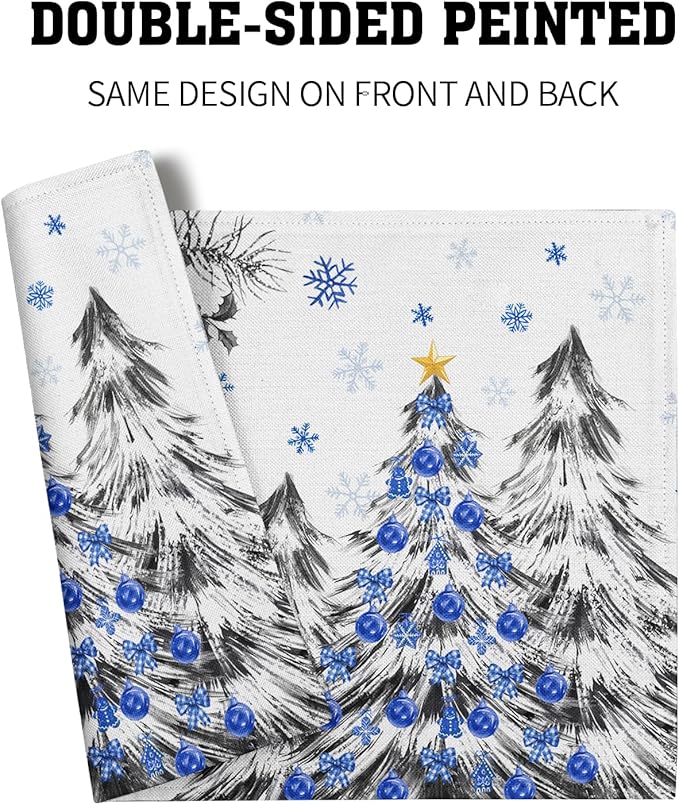 Giwawa Christmas Placemats Set of 4 Blue Grey Xmas Trees Balls Linen Place Mat - Image 5
