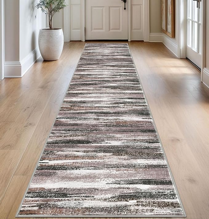 Modern Abstract Runner Rug 2.6x14, Dark Light Brown White Washable Long Kitchen by lansny