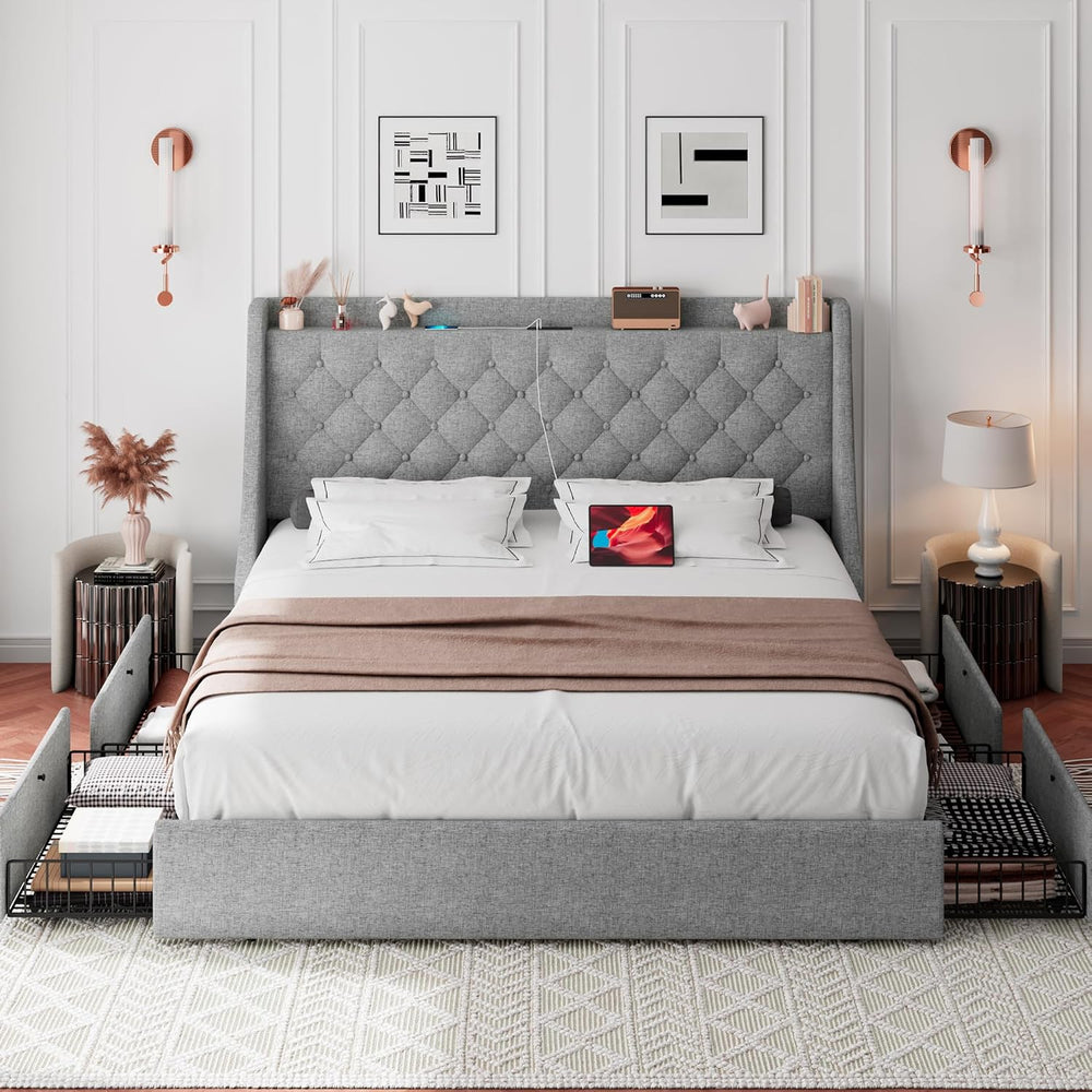 iPormis Full Size Bed Frame with 4 Storage Drawers, Upholstered Platform Bed ...