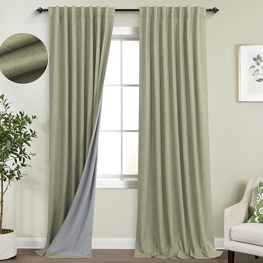 KOUFALL Sage Green Blackout Curtains 96 Inches Long, Linen Back Tab Cottagecore by KOUFALL