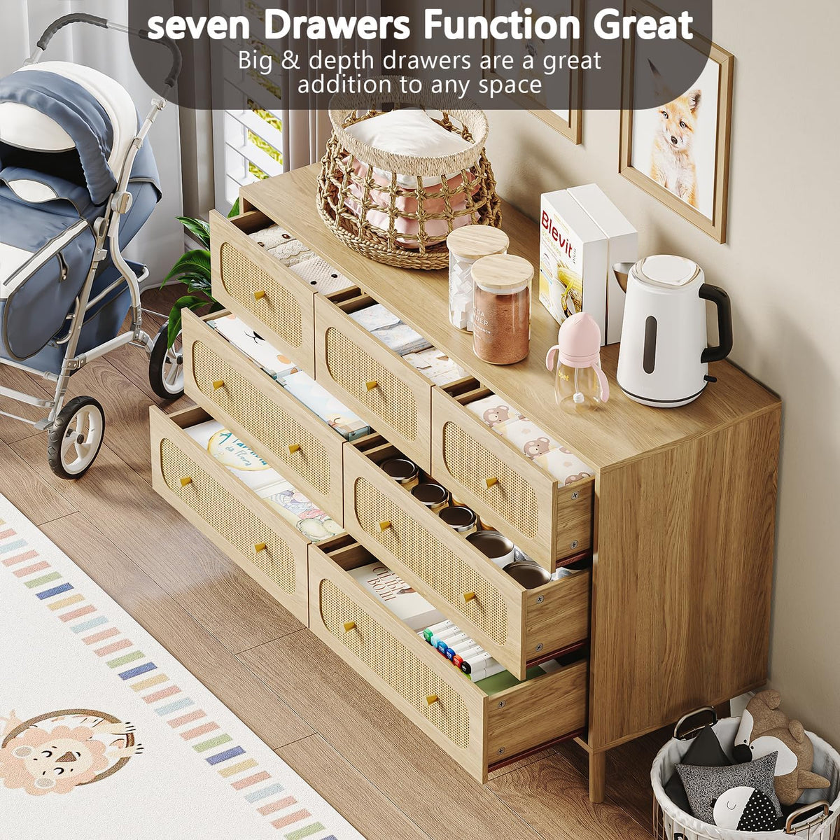 hourom 47.2“ wide rattan 7 drawer dresser with on a desk or shelf