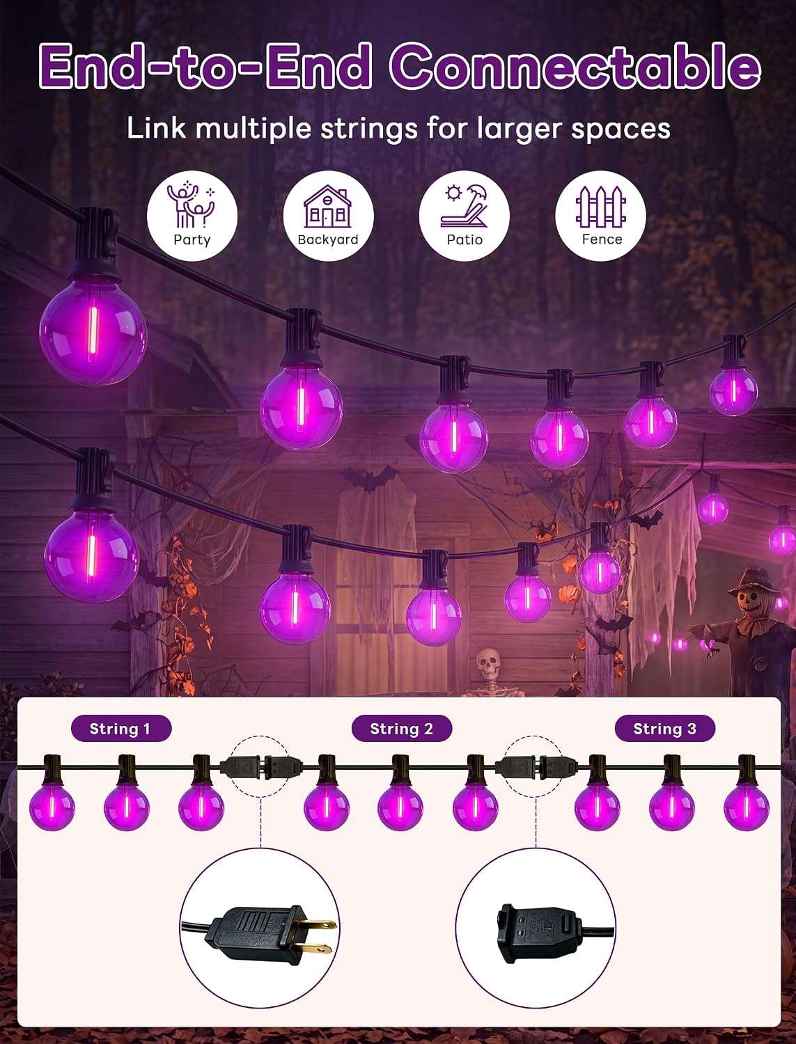 Abeja 50FT G40 Purple Halloween String Lights, Halloween Lights Outdoor with 27 Shatterproof Purple LED Bulbs(2 Spare) LED Globe Lights for Patio Balcony Backyard Pergola Decor