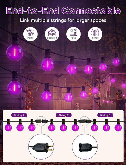 Abeja 50FT G40 Purple Halloween String Lights, Halloween Lights Outdoor with 27 Shatterproof Purple LED Bulbs(2 Spare) LED Globe Lights for Patio Balcony Backyard Pergola Decor