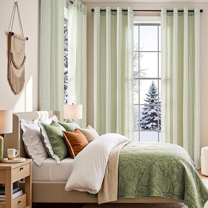 Vangao Linen Striped Green Christmas Curtains - Image 5