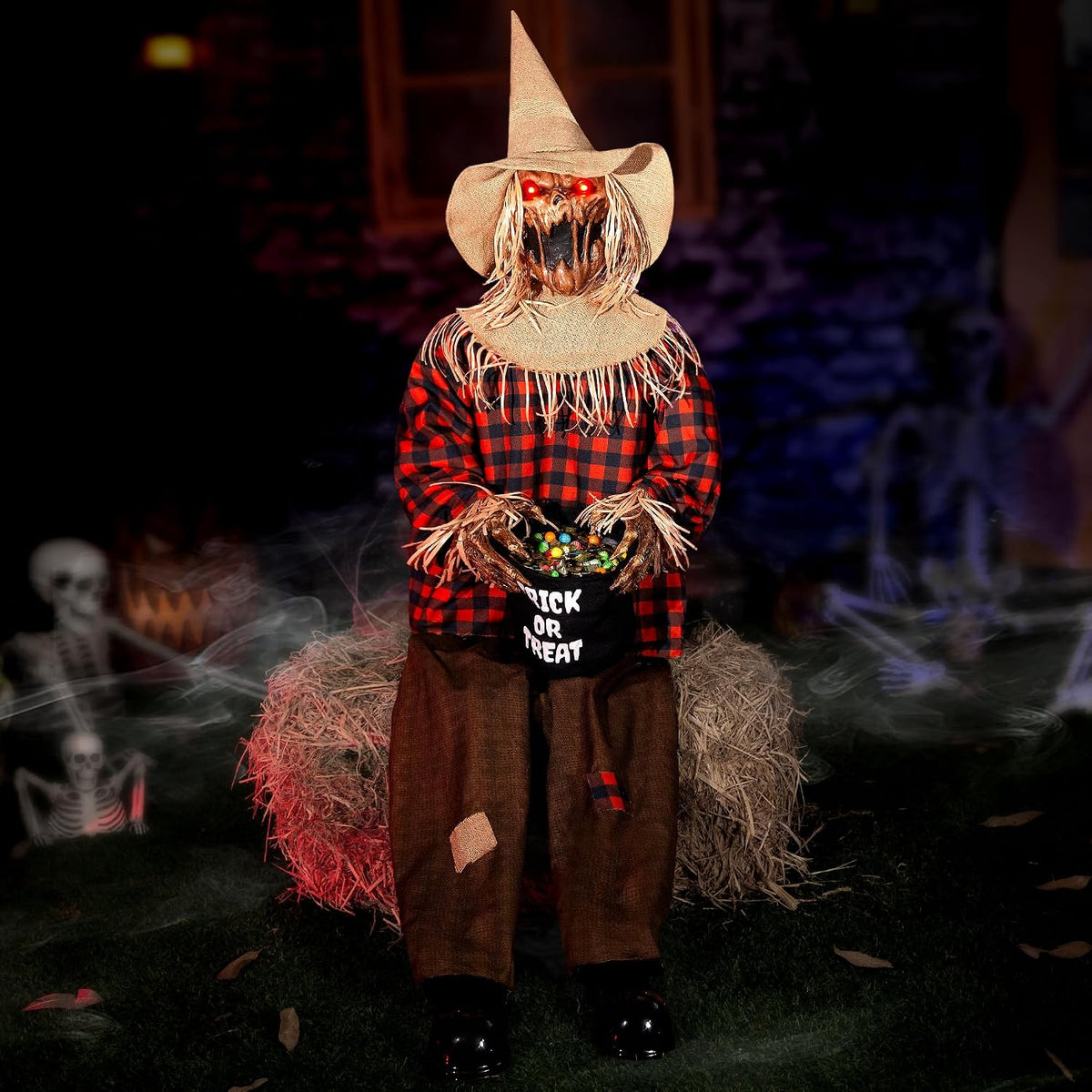 Halloween Animatronics Decorations Scary Sitting Scarecrow with Candy Bag, 55'' Animated Jumpscare Halloween Props with Sound & Motion Activated, Lighted Eyes, Creepy Sound for Haunted House Outdoor
