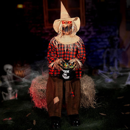 Halloween Animatronics Decorations Scary Sitting Scarecrow with Candy Bag, 55'' Animated Jumpscare Halloween Props with Sound & Motion Activated, Lighted Eyes, Creepy Sound for Haunted House Outdoor