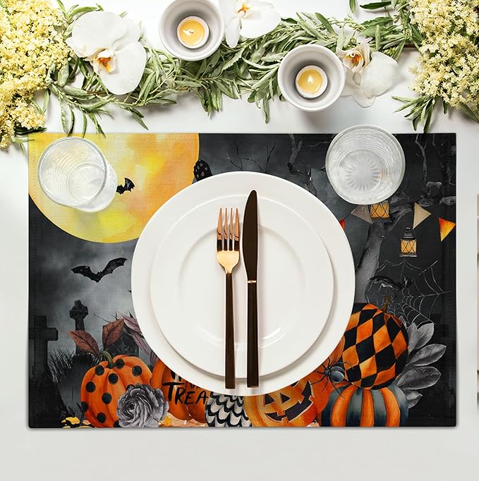 Black Cat Halloween Placemats Set of 4 Spooky Pumpkin Boo Bat Moon Horror Place - Image 3