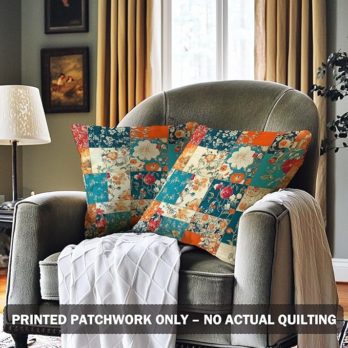 Floral Throw Pillow Covers 18x18 Set of 2 | Decorative Patchwork Like Cushion - Image 2