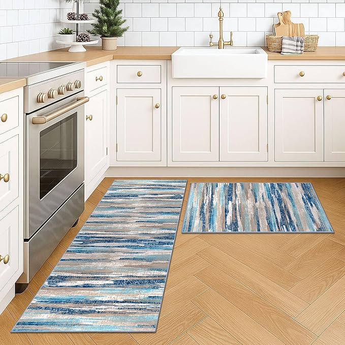 Modern Abstract Kitchen Rug Set of 2, 2x3 and 2x5 Blue Washable Rug Runner Non - Image 2