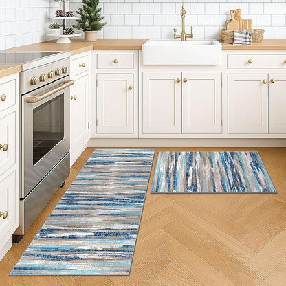 Modern Abstract Kitchen Rug Set of 2, 2x3 and 2x5 Blue Washable Rug Runner Non - Image 2