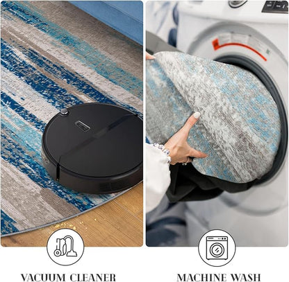 Modern Abstract Round Rug 6Ft, Circular Dining Room Rugs Thin Print Faux Wool - Image 6