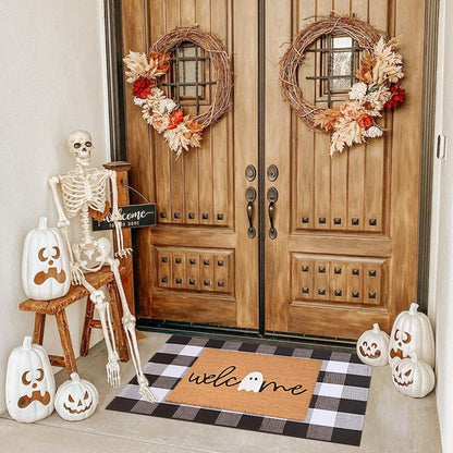 Halloween Door Mat Combo Set, Welcome Ghost Coco Coir Welcome Doormat + 28" x 43" Black and White Plaid Rug, Autumn Halloween Front Porch Entryway Decor Floor Mat