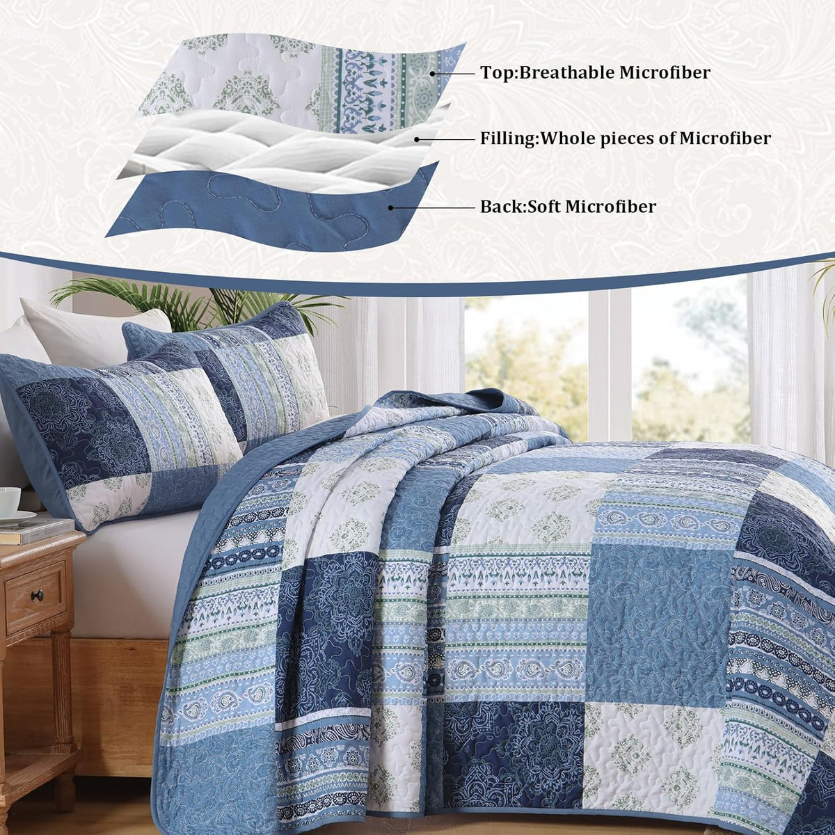 dintszyayue patchwork blue quilt set king size,3 pieces, close-up detail