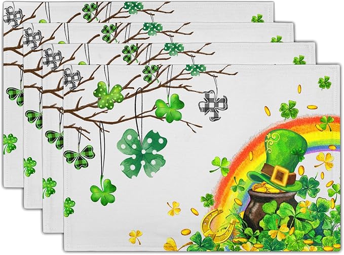 Giwawa St Patricks Day Placemats Set of 4-12"x18" Lucky Clover Tree Elf Hat by Giwawa