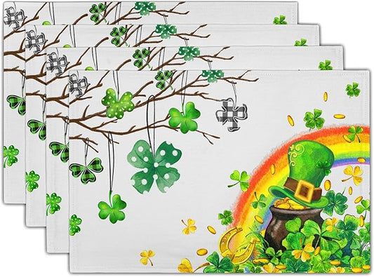 Giwawa St Patricks Day Placemats Set of 4-12"x18" Lucky Clover Tree Elf Hat by Giwawa