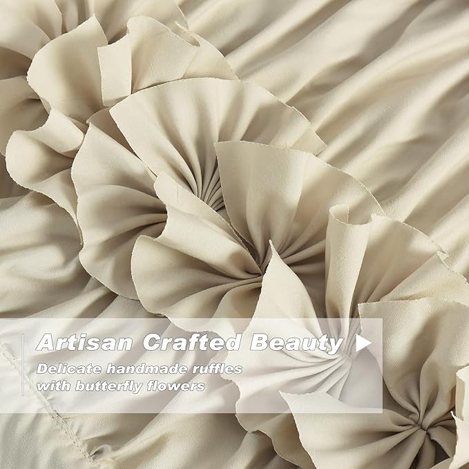 Camel Blackout Curtains with Handmade Ruffles, Butterfly Flower Embellishments - Image 2