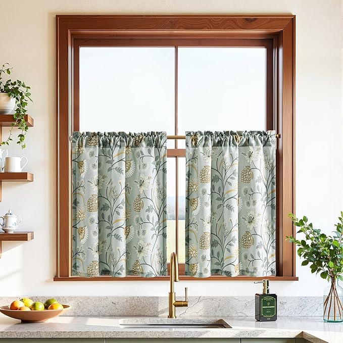 Leeva Floral Kitchen Window Curtains, Farmhouse Style Print Linen Look Cafe - Image 2