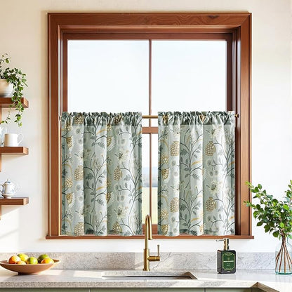 Leeva Floral Kitchen Window Curtains, Farmhouse Style Print Linen Look Cafe - Image 2
