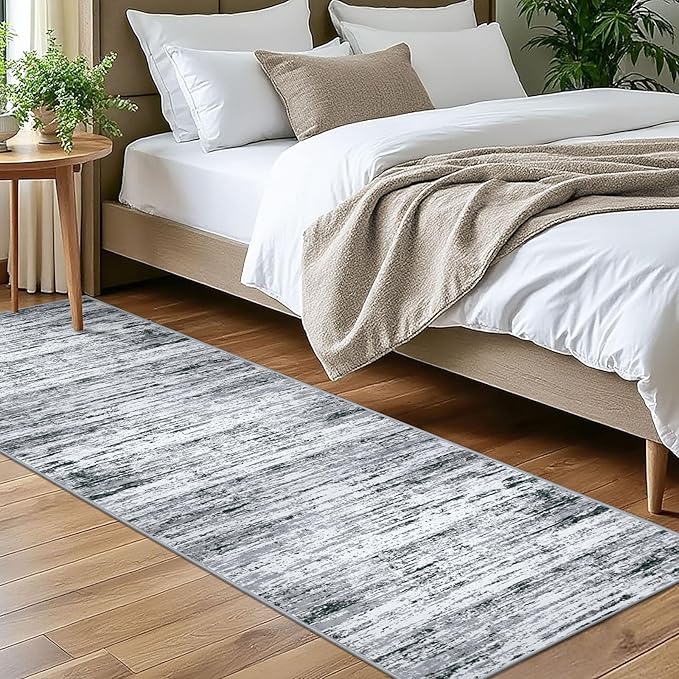 Modern Abstract Bedroom Runner Rug 2x7, Non-Slip Soft Thin Faux Wool Mat by lansny