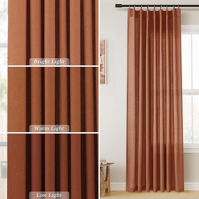 Terracotta Pinch Pleat Linen Curtains 108 Inch Length 2 Panels Set - Image 4