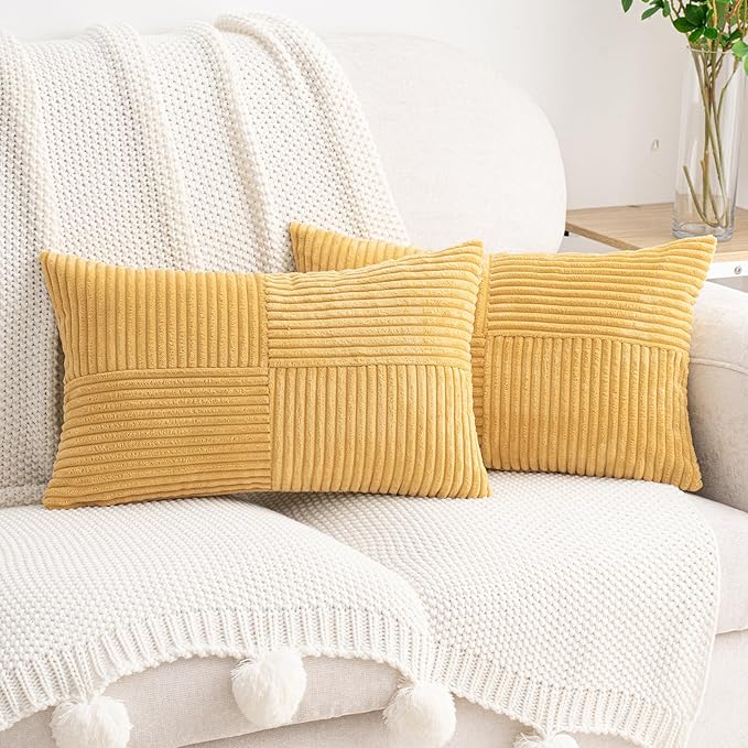 HWY 50 Mustard Yellow Corduroy Patchwork Throw Pillow Covers 12x20 Inch by HWY50
