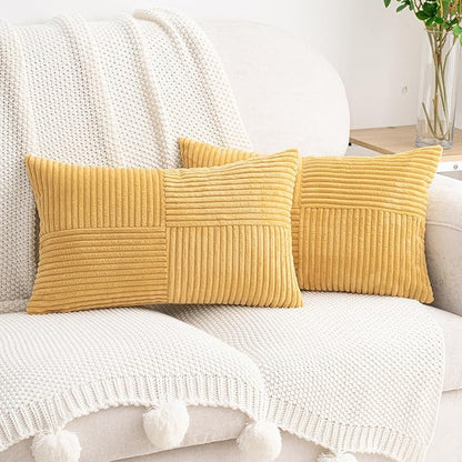 HWY 50 Mustard Yellow Corduroy Patchwork Throw Pillow Covers 12x20 Inch by HWY50