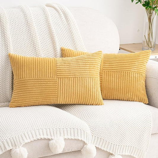 HWY 50 Mustard Yellow Corduroy Patchwork Throw Pillow Covers 12x20 Inch by HWY50