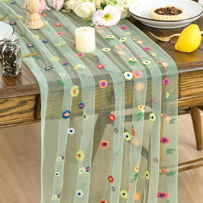 Artoid Mode 3PCS Sage Green Embroidery Daisy Gauze Table Runner 120 Inch 10FT by ArtoidMode
