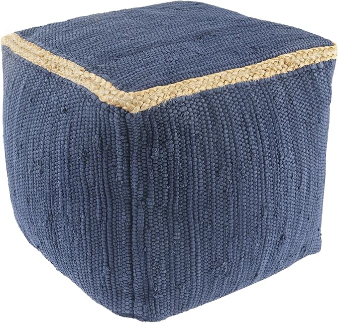 LR Home Indigo Bordered Transitional Hand-Loomed Cotton Pouf - Image 4