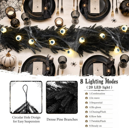 9FT Black Halloween Garland with Eyeball String Light Spider Cotton Spiders