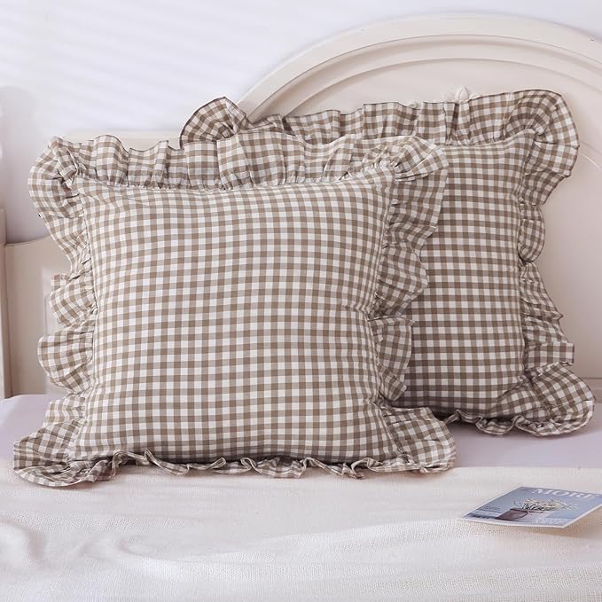 Taupe Plaid Ruffle Decorative Throw Pillow Covers by Mywinlle