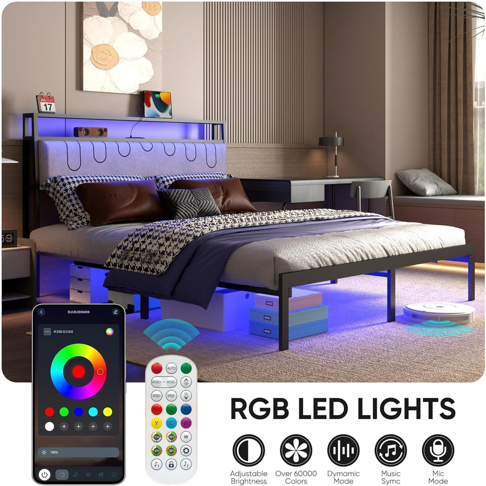 J.Fkne Full Bed Frames with Charging Station and LED Lights, Full Size Platfo...