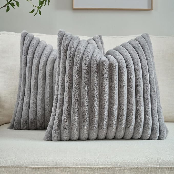 FUTEI Grey Throw Pillow Covers Set of 2, 26x26 Inch Striped Texture Euro Pillow by FUTEI