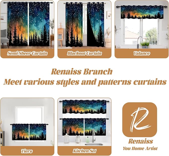 Renaiss 53 x 84 Inch Forest Starry Bedroom Curtains Light Filter Night Rustic - Image 7