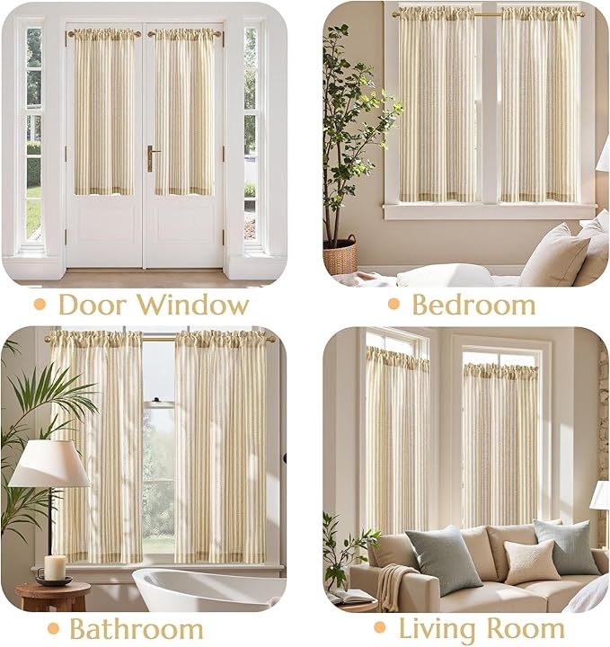 jinchan Striped Linen Kitchen Curtains 45 Inches Length Tier Curtains Farmhouse - Image 4