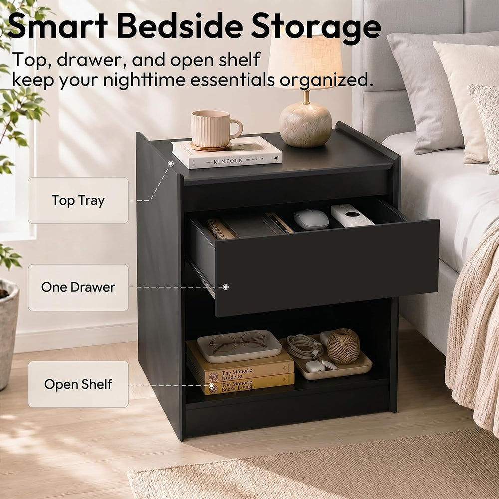 Black 24"H Nightstand, Drawer & Open Shelf, Small Bedside Table