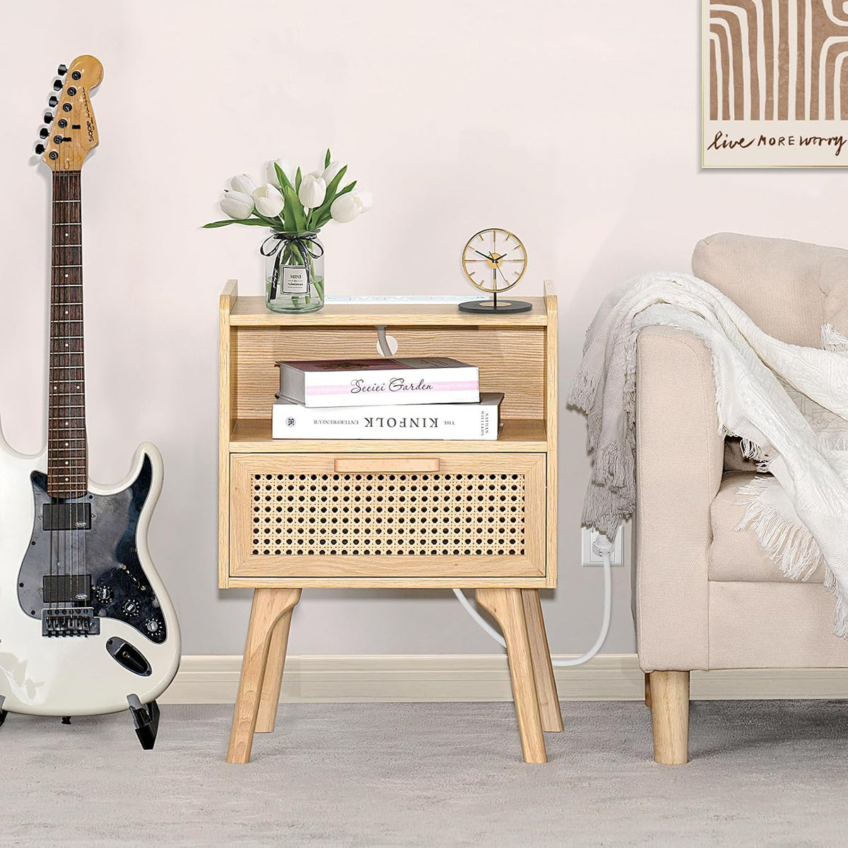 lerliuo rattan nightstand with charging station, boho night on a desk or shelf