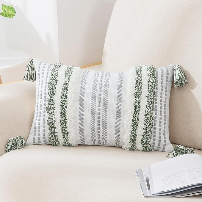decorUhome Decorative Boho Throw Pillow Cover 12x20, Lumbar Accent Neutral by decorUhome