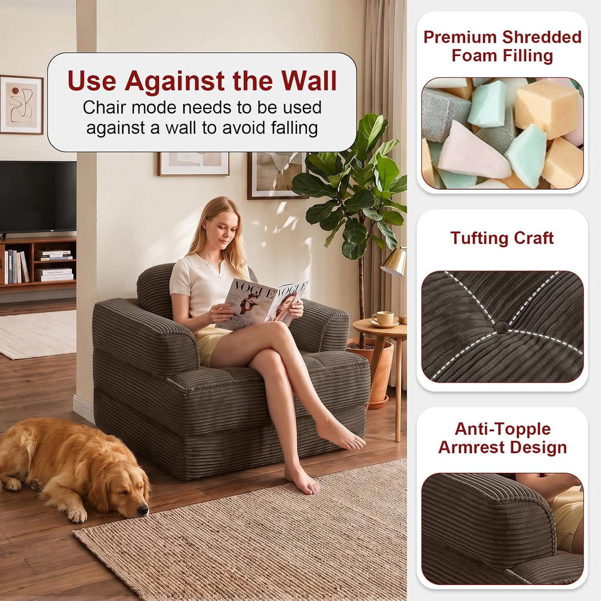 folding sofa bed, 2-in-1 convertible sleeper chair for, side view