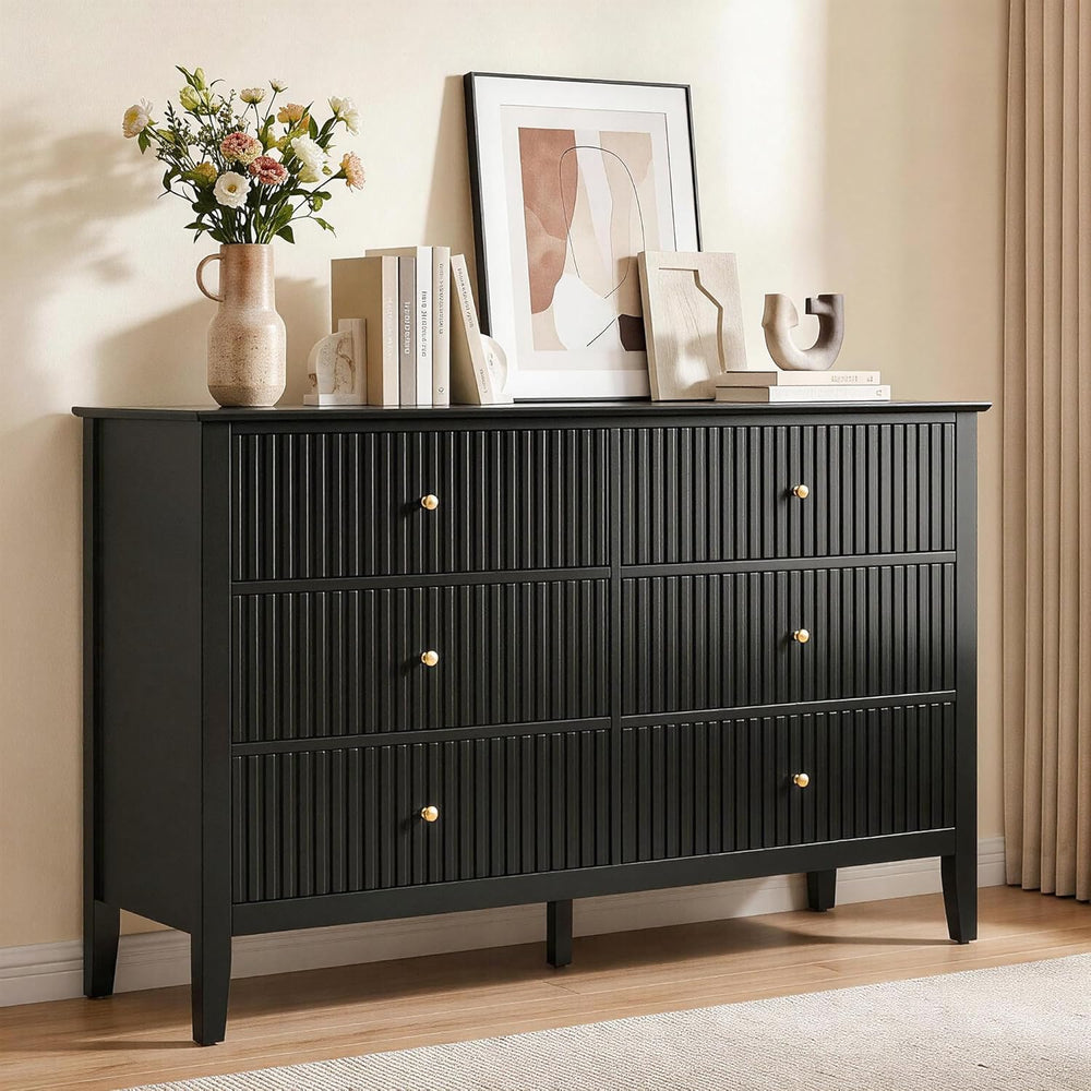 RoyalCraft Black 6 Drawer Dresser, Fluted Dresser for Bedroom