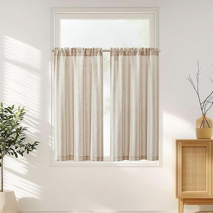jinchan Taupe Striped Linen Kitchen Curtains 45 Inch Cafe Tier Curtains by JINCHAN