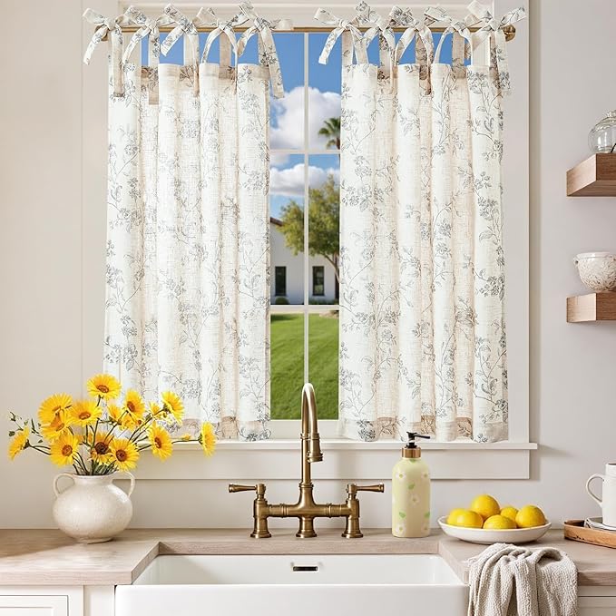 jinchan Gray Floral Kitchen Curtains 36 Inch Linen Tier Curtains Farmhouse Cafe by JINCHAN