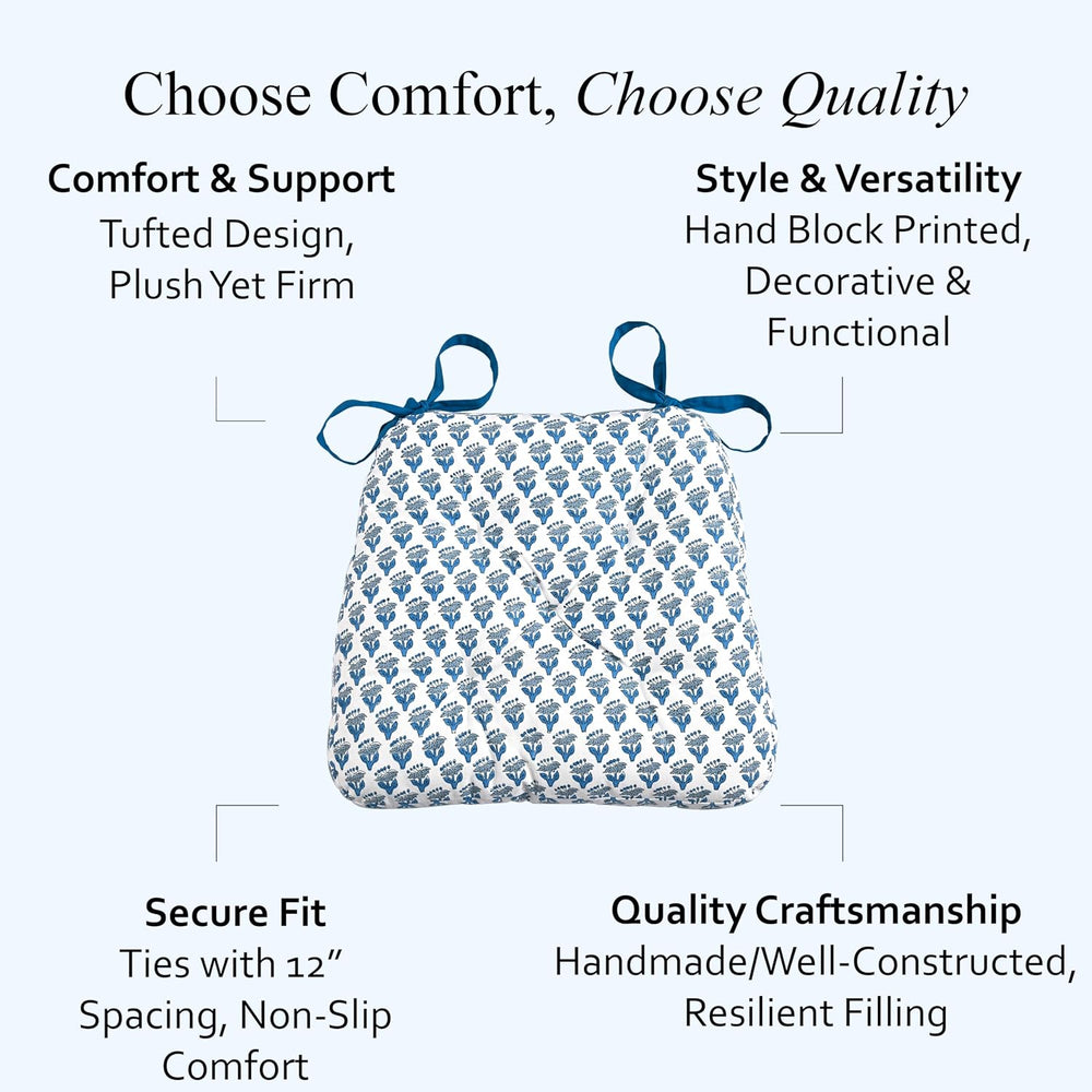 CPC Apatite Blue Block Print Cotton Chair Cushions 16x15x4 Inch, Set of 2