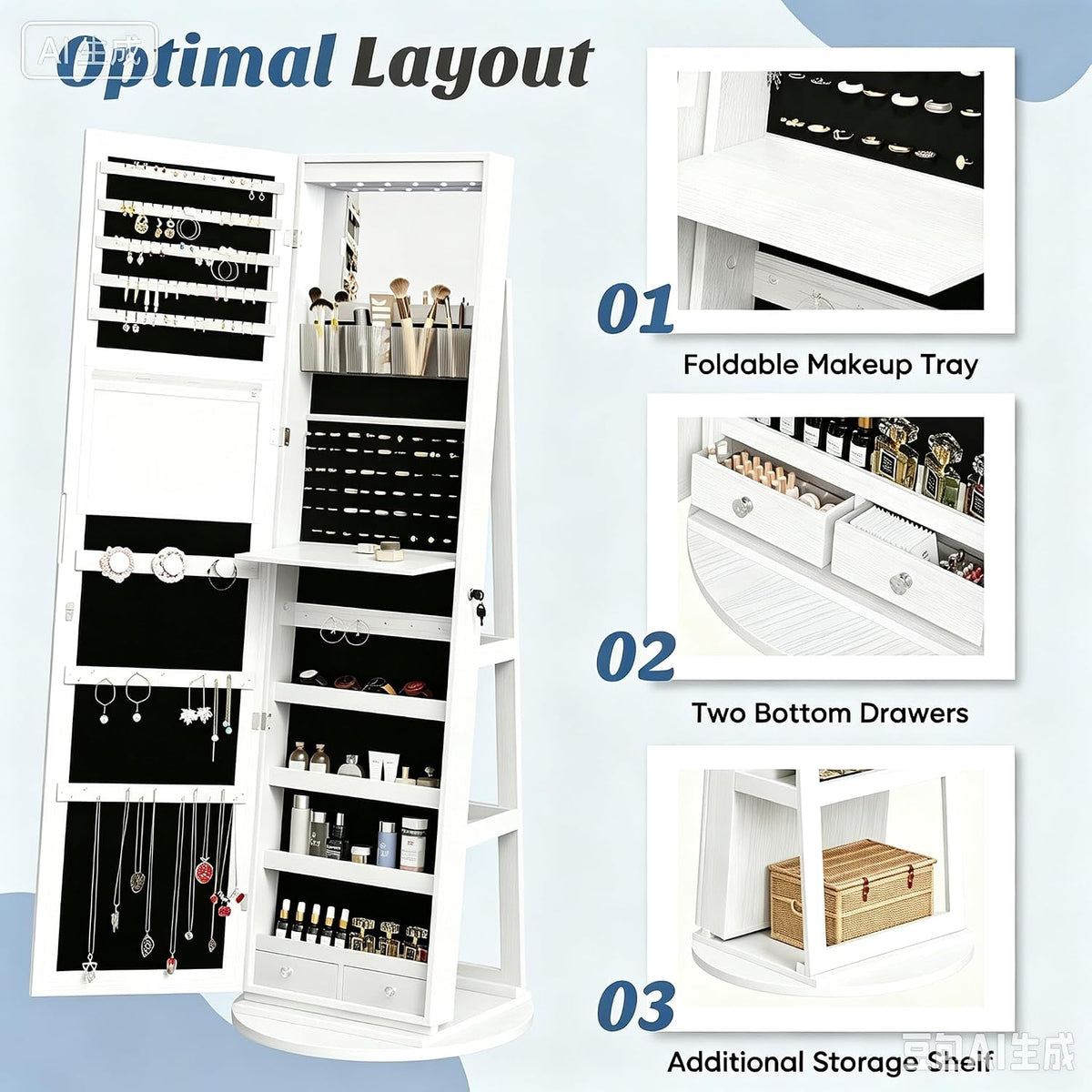 olixis 360° swivel jewelry cabinet with light, lockable, package contents